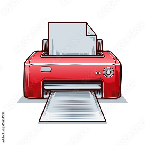 Retro red printer with paper sheet, vector illustration, isolated on white, office equipment for print, sketch drawing, printer icon, business work
