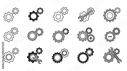 Black gear icons on white background.