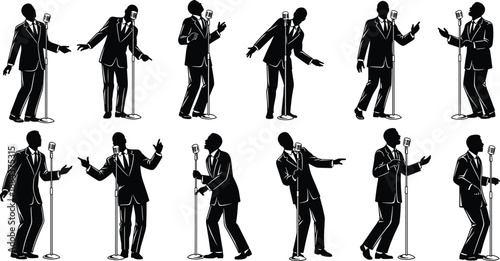 Black And White Vector Silhouette Set Of Male Singers In Suits Performing With Vintage Microphones For Music Jazz Concert And Entertainment Design