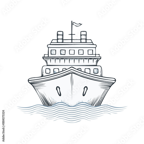 Illustrative Cruise Ship Sketch: Nautical Vessel Floating on Wavy Waters, Outline Style Drawing of Large Ship