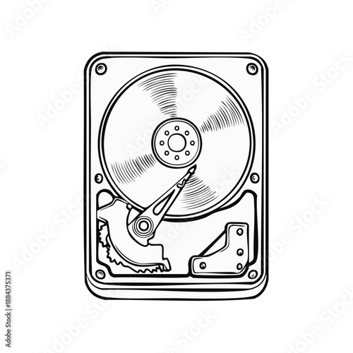 Black and white drawing of a hard disk drive in a vector illustration