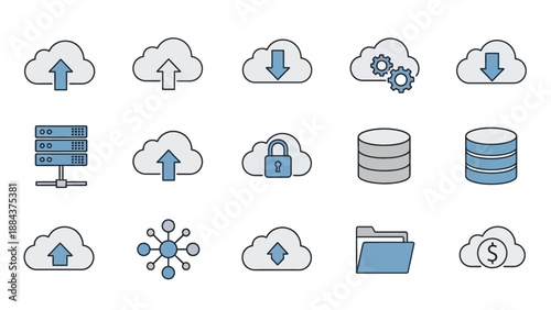 Cloud computing and data storage icons.