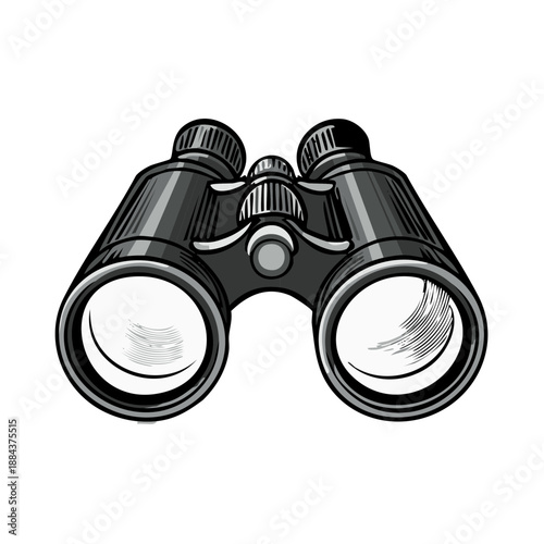 Drawn binoculars optical device illustration, vintage style exploration observation aid, searching equipment, long distance viewing instruments