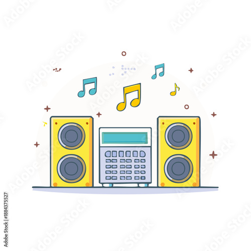 Stereo System with Speakers and Musical Notes, Cartoon Style Illustration Isolated on White