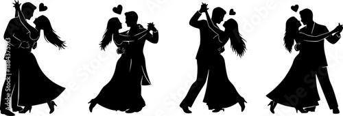 A set of romantic dancing couple silhouette icon. Valentines Day vector isolated on transparent background.
