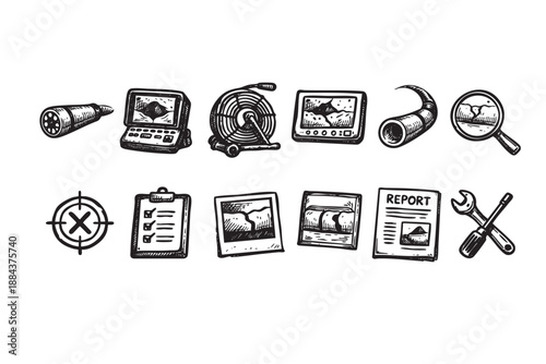 Hand-drawn plumbing inspection tools illustration including a camera, report, and repair tools, perfect for plumbing services or home repair marketing materials.