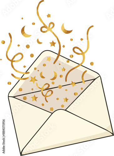An open envelope releasing golden confetti and stars into the air, symbolizing joy and celebration from inside