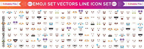 Set of yellow emoji and emoticon faces in vector graphic format on a transparent background. This collection represents a variety of emotions and expressions, perfect for digital designs. Vector icon.