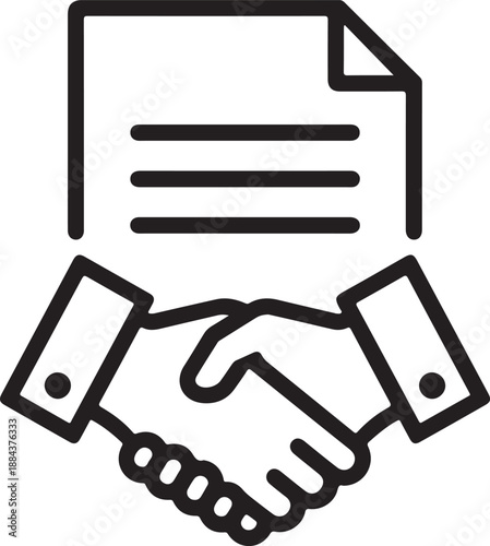 Black and white icon showing a handshake over a legal document with a checkmark, symbolizing a completed business deal or partnership agreement.