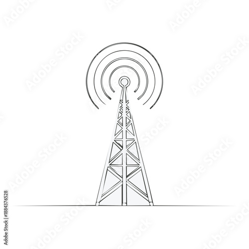Sketch of a Radio Communication Tower with Signal Waves Radiating Outwards against a White Background