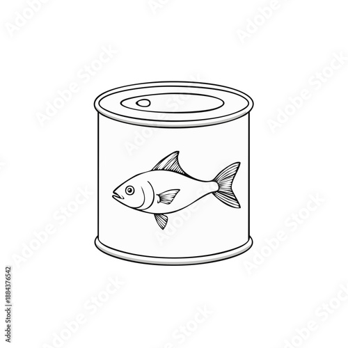 Canned fish drawing illustration, conserved food, metal container for food in a retro style, hand drawn seafood