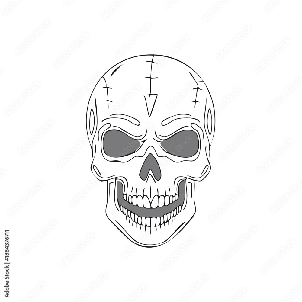 Obraz premium Stylized Human Skull with Stitches and Arrowhead Design Illustration for Tattoo or Graphics