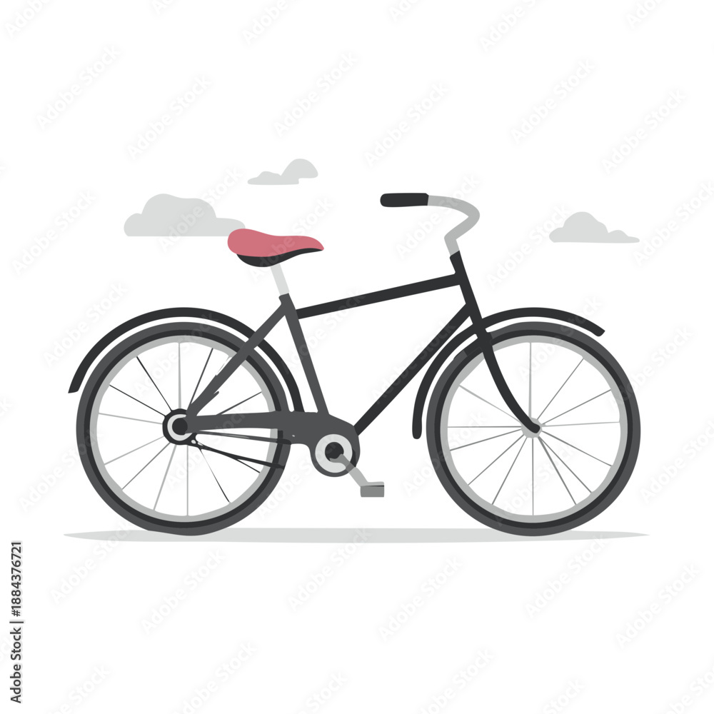 Fototapeta premium Black bicycle with red saddle on white background with clouds for simple flat illustration