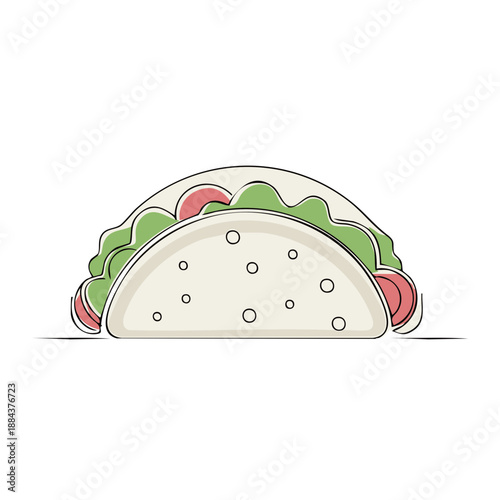Delicious taco illustration with fresh vegetables and meat filling in a tortilla wrap, colorful line art style, isolated on white