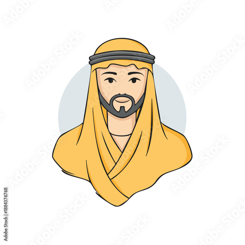 Illustration of Middle Eastern Man with Traditional Headdress and Beard in Cartoon Style Profile for Adobe Stock