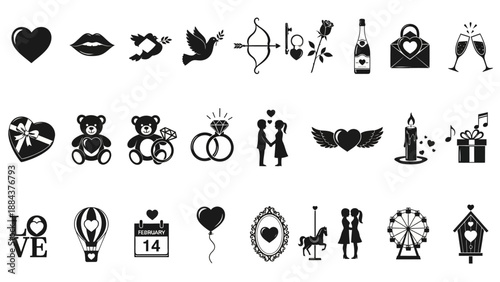 Collection of black icons representing love, relationships, and celebrations on a plain background from a straightforward viewpoint