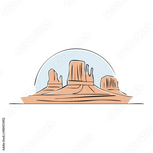 Minimalist outline illustration of desert buttes under a partial circle background showcasing desert rock formations in nature