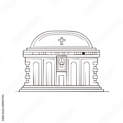 Architectural Drawing of an Ancient Orthodox Church Building with Cross on Top of Its Dome. Heritage Structure Architectural Illustration