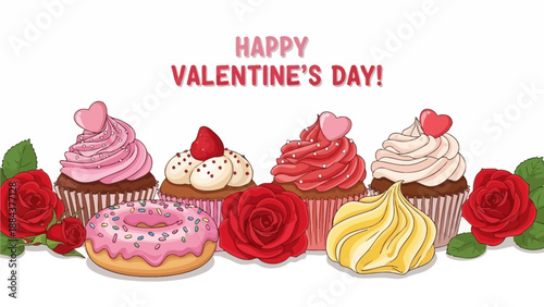 Assorted cupcakes and roses arranged for Valentine's Day celebration, top-down view