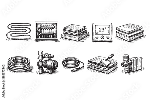 Black and white sketch illustrates various components of an underfloor heating system, including pipes, a thermostat, and a pump, conveying a sense of efficiency and modern home comfort.