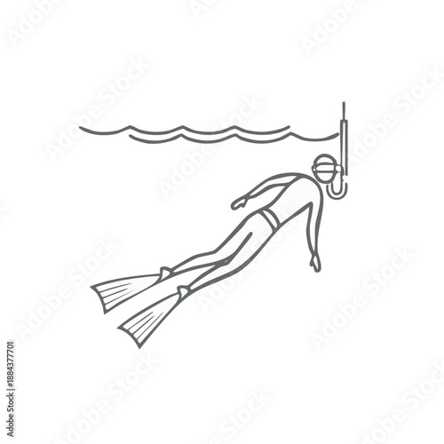 Freediver Outline Beneath Water Surface with Mask and Fins Simple Line Art Illustration