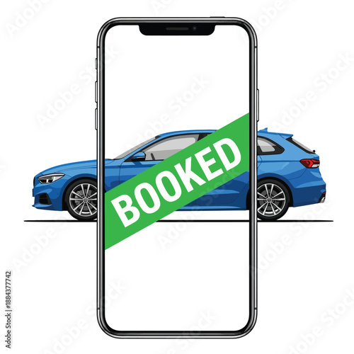 Modern smartphone displaying a blue car with a 'BOOKED' banner, symbolizing seamless car rental via mobile.