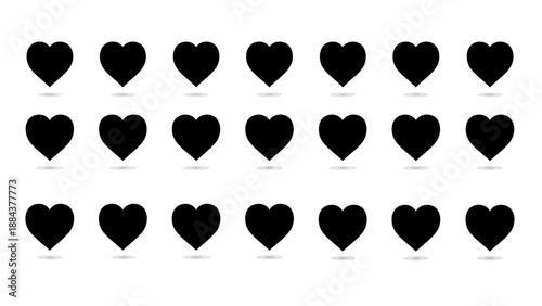 Collection of black hearts arranged in three rows on a clean white background from a straightforward viewpoint