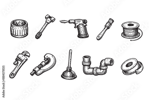 Set of hand-drawn plumbing tools on white background, including wrench, plunger, and pipes, perfect for illustrating plumbing repair, DIY home improvement, or handyman services.