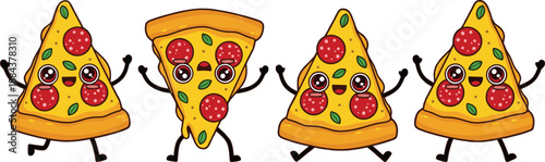 Kawaii pizza slice characters with happy faces, pepperoni toppings, and green basil leaves, set of four cute cartoon fast food illustrations on white.