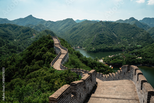 Ancient Chinese Wall in expansive mountain landscape