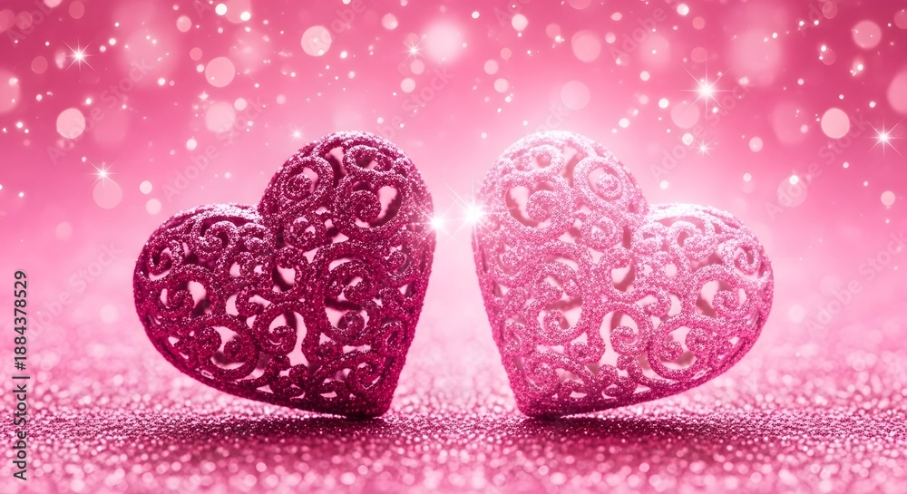 Obraz premium Two pink hearts on a sparkling pink background