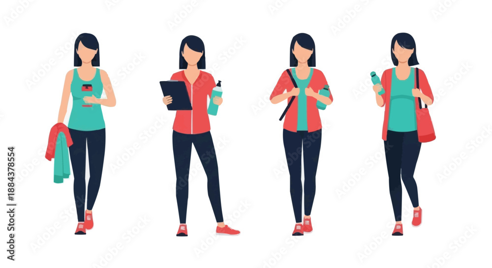Obraz premium Vibrant vector concept portraying different active moments of a woman's fitness journey, highlighting dedication to a healthy and active lifestyle and personal wellness