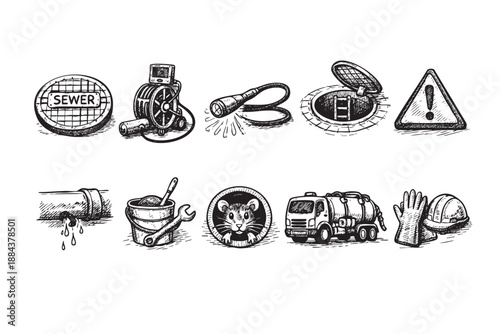 Hand-drawn illustration depicting sewer system maintenance elements, including a manhole, camera, flashlight, truck, tools, and warning sign, suitable for infrastructure or plumbing concepts.