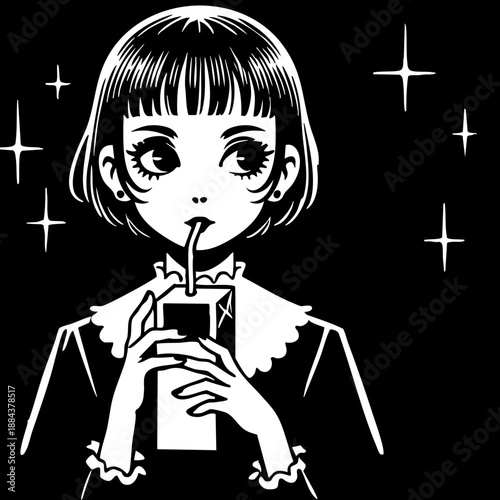  Whimsical illustration of a young girl with big eyes drinking from a straw.