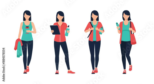 Vibrant vector concept portraying different active moments of a woman's fitness journey, highlighting dedication to a healthy and active lifestyle and personal wellness