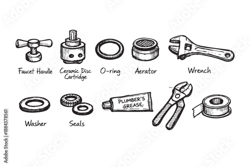 Hand drawn illustration features plumbing tools and parts including a wrench, faucet handle, seals, and plumber's grease, on a white background.