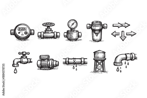 Plumbing sketch icons create a crisp illustration of a water system including pipes, gauges, and valves, on a clean white background ideal for diagrams.