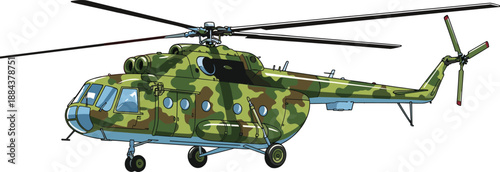 Military, transport, helicopter, illustration, with, green, camouflage, pattern, side, view, of, heavy, lift, aircraft, isolated, on, white, background, for, aviation, and, army.