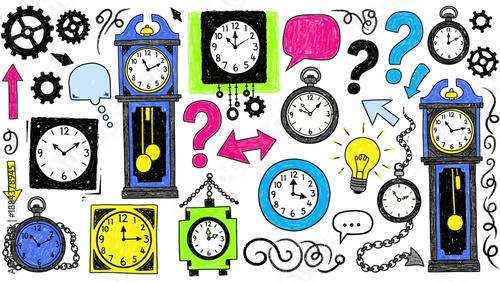 Collection of various colorful clocks.