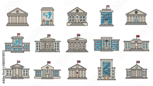 Collection of various government buildings icons.