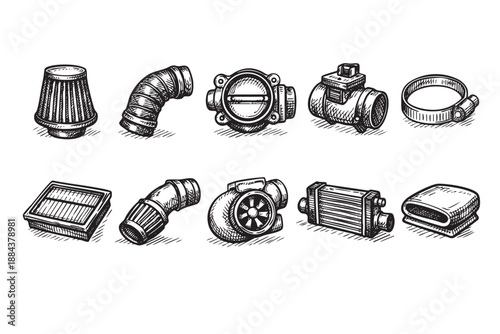 Hand drawn illustration shows various car parts with detailed sketching, perfect for automotive illustrations, graphic design, and educational content.