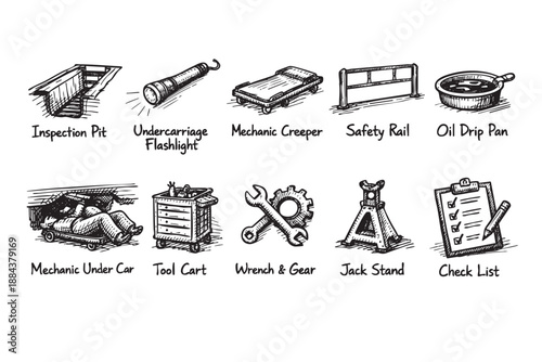 Hand-drawn sketch illustration featuring various car repair tools, including an inspection pit, flashlight, safety rail, jack stand, tool cart, wrench, and checklist on a white background.