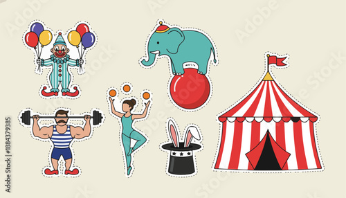 Circus performers and elements including a clown strongman juggler elephant and tent.