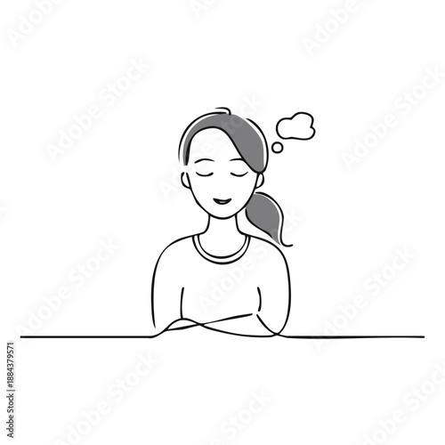 Woman daydreaming with folded arms, thought cloud, simple doodle sketch for stock illustrations