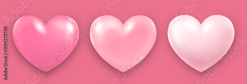 A set of voluminous pink hearts with highlights and shadows on a pink background. Heart icons for your design. The concept of Valentine's Day, love. Vector EPS 10.