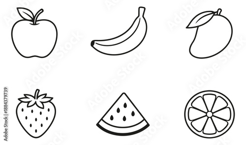 Hand drawn line art fruit set featuring apple, banana, mango, strawberry, watermelon, and orange for food and healthy lifestyle concepts