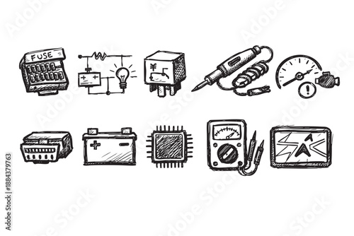 Collection of black and white sketches depicting automotive electrical components like fuses, relays, ECU, voltmeter, and navigation, against a clean white backdrop.