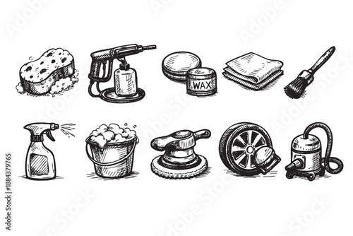 Hand drawn sketch illustration shows car detailing tools: sponge, spray, wax, bucket, polisher, vacuum and more in black and white for cleaning.