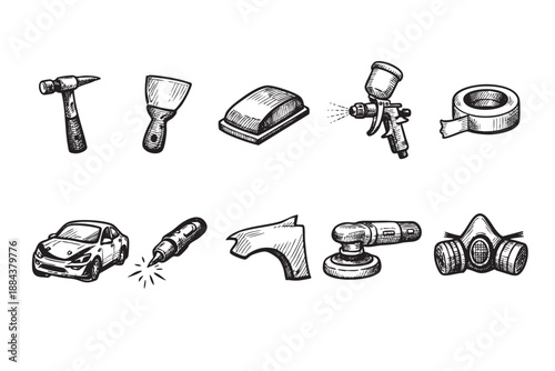 Hand drawn illustration set featuring hammer, putty knife, sandpaper, spray gun, tape, car, tool, panel, sander, mask. Useful for car repair.