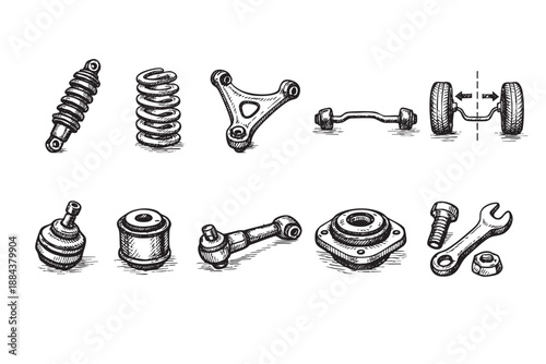 Hand-drawn sketch of various car suspension parts isolated on white, including shock absorber, spring, control arm, axle, wheels and tools, useful for engineering concepts.
